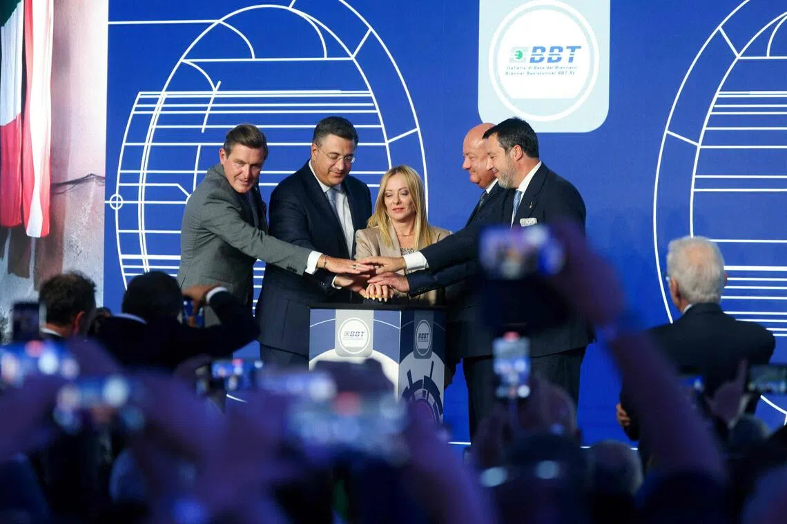 Italian Prime Minister Giorgia Meloni (centre) and Austrian Chancellor Christian Stocker (second from right) attending a breakthrough ceremony for the Brenner Base Tunnel, linking Italy and Austria.
