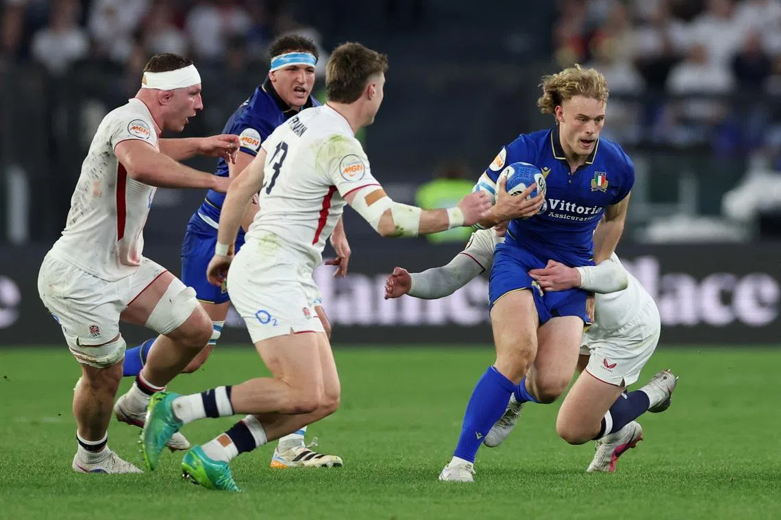 FILE PHOTO: Rugby Union - Six Nations Championship - Italy v England - Stadio Olimpico, Rome, Italy - March 7, 2026 Italy's Louis Lynagh in action REUTERS/Ciro De Luca/File Photo