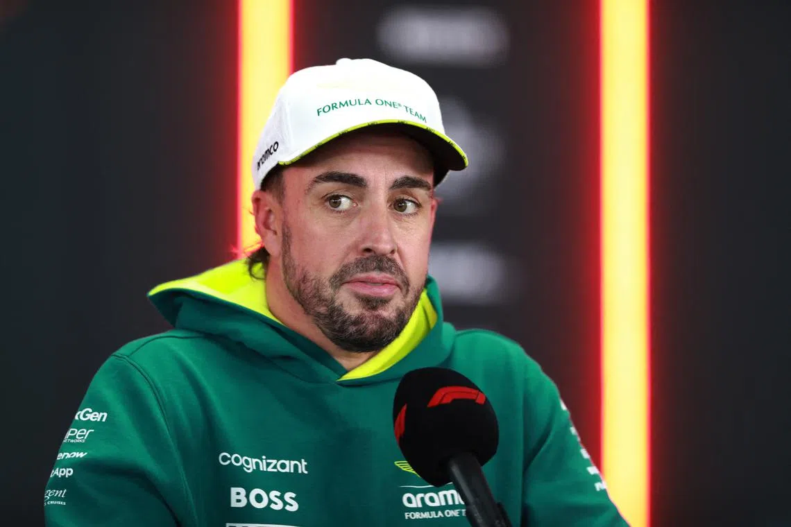 FILE PHOTO: Formula One F1 - Mexico City Grand Prix - Autodromo Hermanos Rodriguez, Mexico City, Mexico - October 25, 2024 Aston Martin's Fernando Alonso talks to the media after practice REUTERS/Carlos Perez Gallardo/File Photo