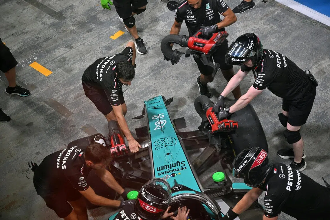 British driver George Russell of Mercedes-AMG Petronas damaged car returning to the pit after he crashed during practice 2 on September 20, 2024.