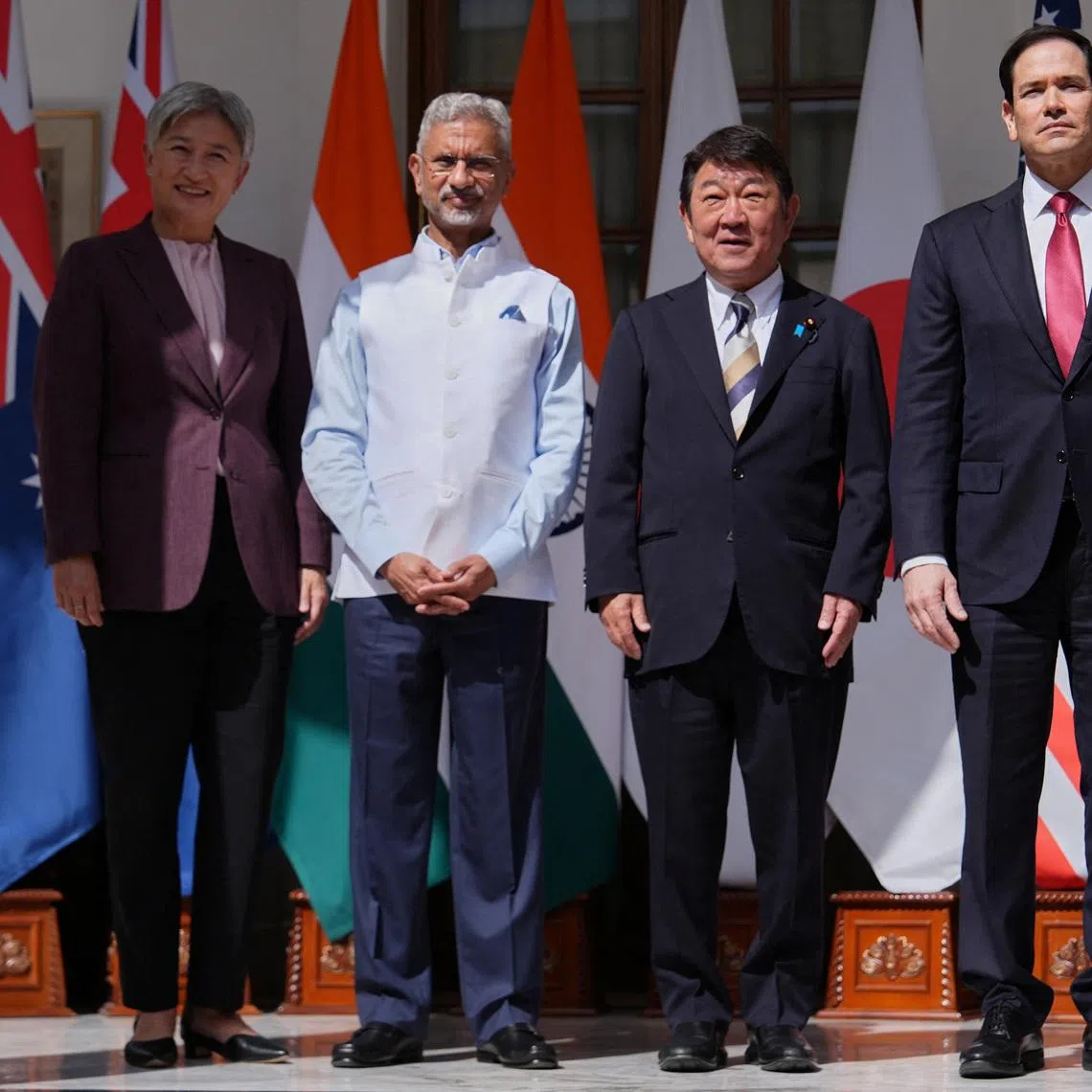 From left, Australian Foreign Minister Penny Wong, India’s Minister of External Affairs S. Jaishankar, Japanese Foreign Minister Toshimitsu Motegi and U.S. Secretary of State Marco Rubio pose following a Quad ministerial meeting at Hyderabad House in New Delhi, India, Tuesday, May 26, 2026.  Julia Demaree Nikhinson/Pool via REUTERS