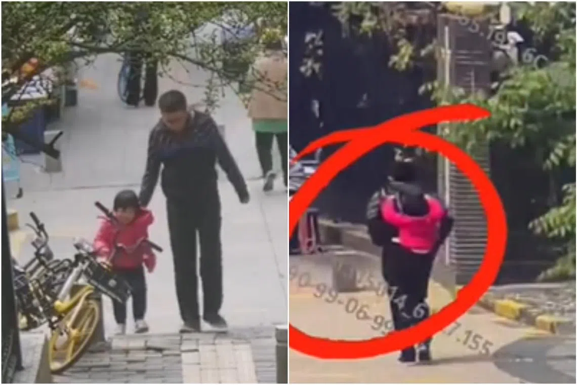 The footages showed Yibo putting the toddler on his back and bringing her to the police station.