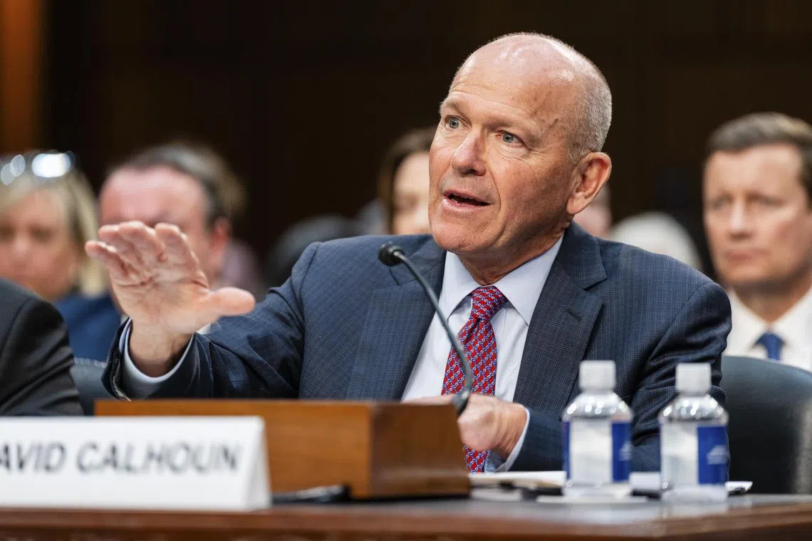 David Calhoun, the chief executive of Boeing, testifies at a Senate Homeland Security Permanent Subcommittee on Investigations hearing, on Capitol Hill on June 18, 2024. Calhoun told families who had lost relatives in crashes of the company’s 737 Max 8 planes that the deaths were “gut wrenching” and that Boeing would address safety concerns in their memory.  (Eric Lee/The New York Times)