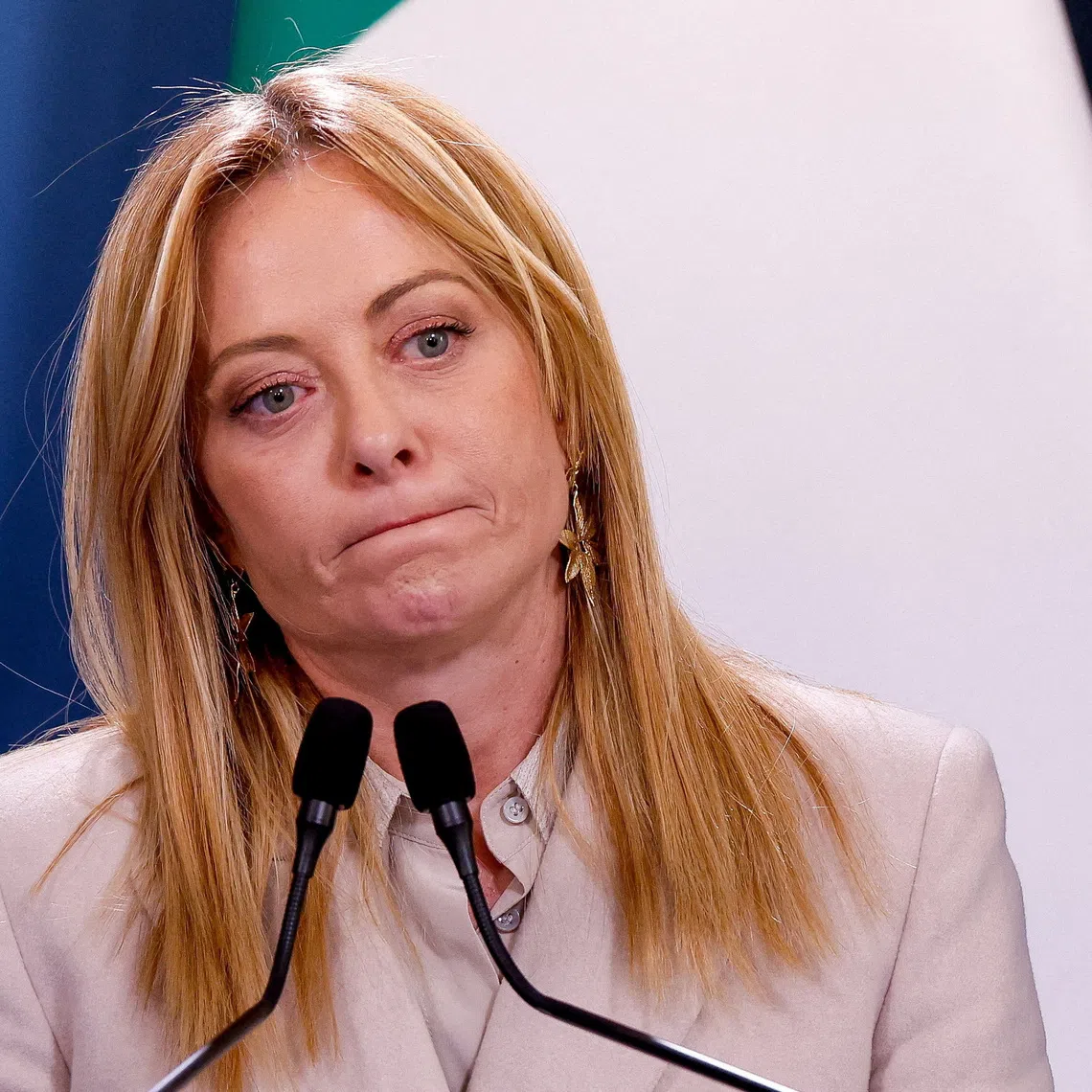 FILE PHOTO: Italian Prime Minister Giorgia Meloni attends a joint statement with German Chancellor Friedrich Merz (not pictured) at the end of Italian-German government consultations at Villa Doria Pamphili in Rome, Italy, January 23, 2026. REUTERS/Remo Casilli/File Photo