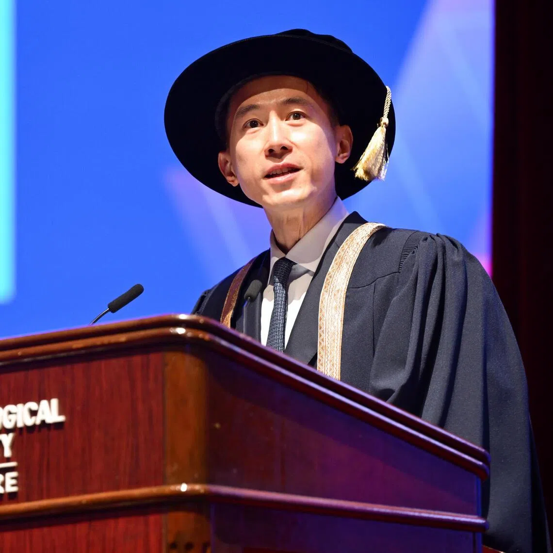 TikTok CEO Chew Shou Zi speaking at NTU’s PhD conferment ceremony on Aug 1.