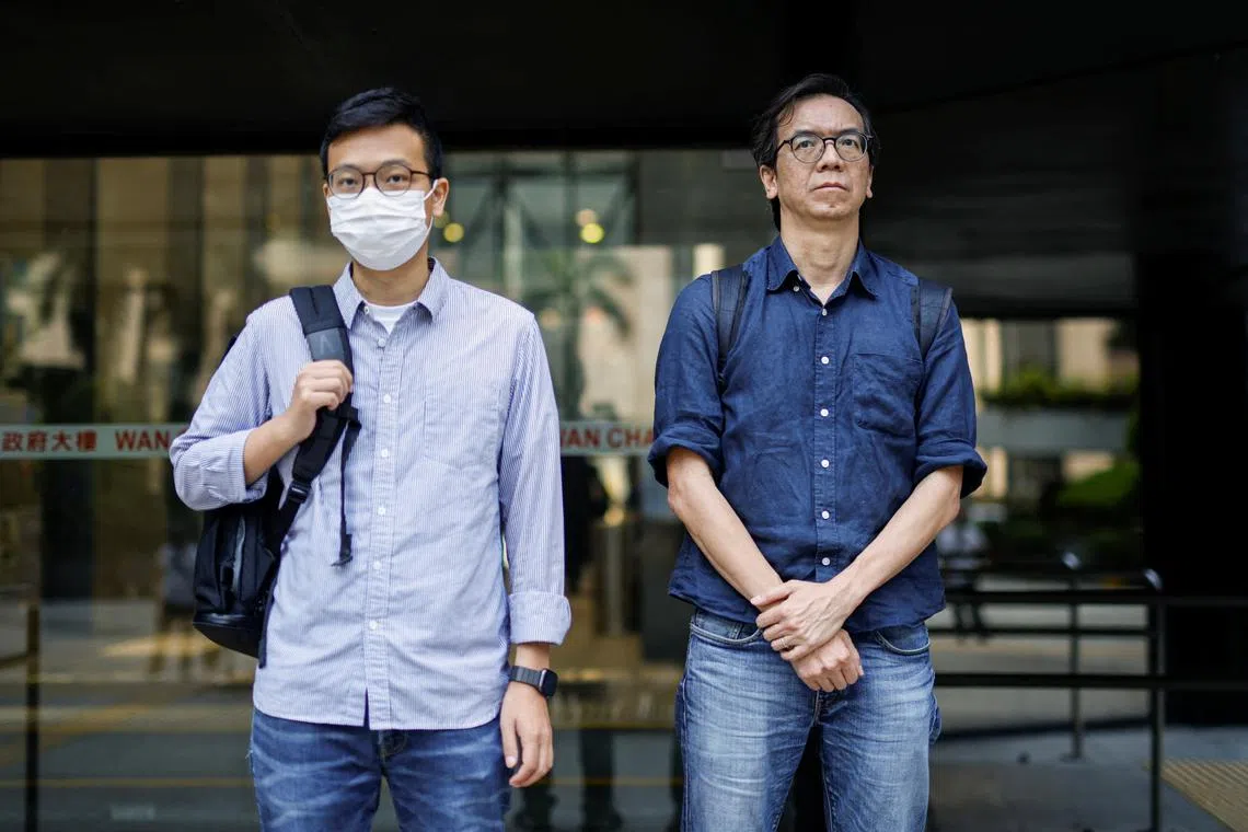 FILE PHOTO: Chung Pui-kuen, former chief editor of the now-shuttered Stand News, and Patrick Lam, former acting chief editor, leave the District Court during the hearing on charges of conspiring to publish seditious publications, in Hong Kong, China on June 27, 2023. REUTERS/Tyrone Siu/File Photo