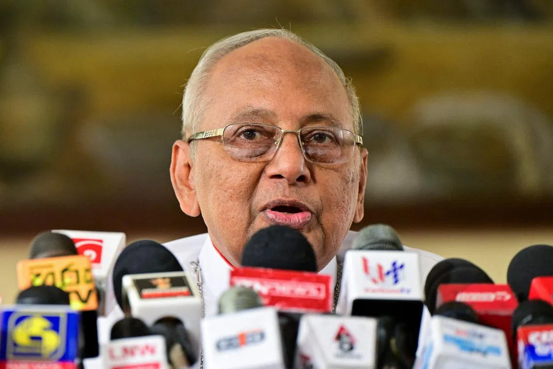 The head of Sri Lanka's Catholic Church, Cardinal Malcolm Ranjith, speaking at a press conference in Colombo on April 17.
