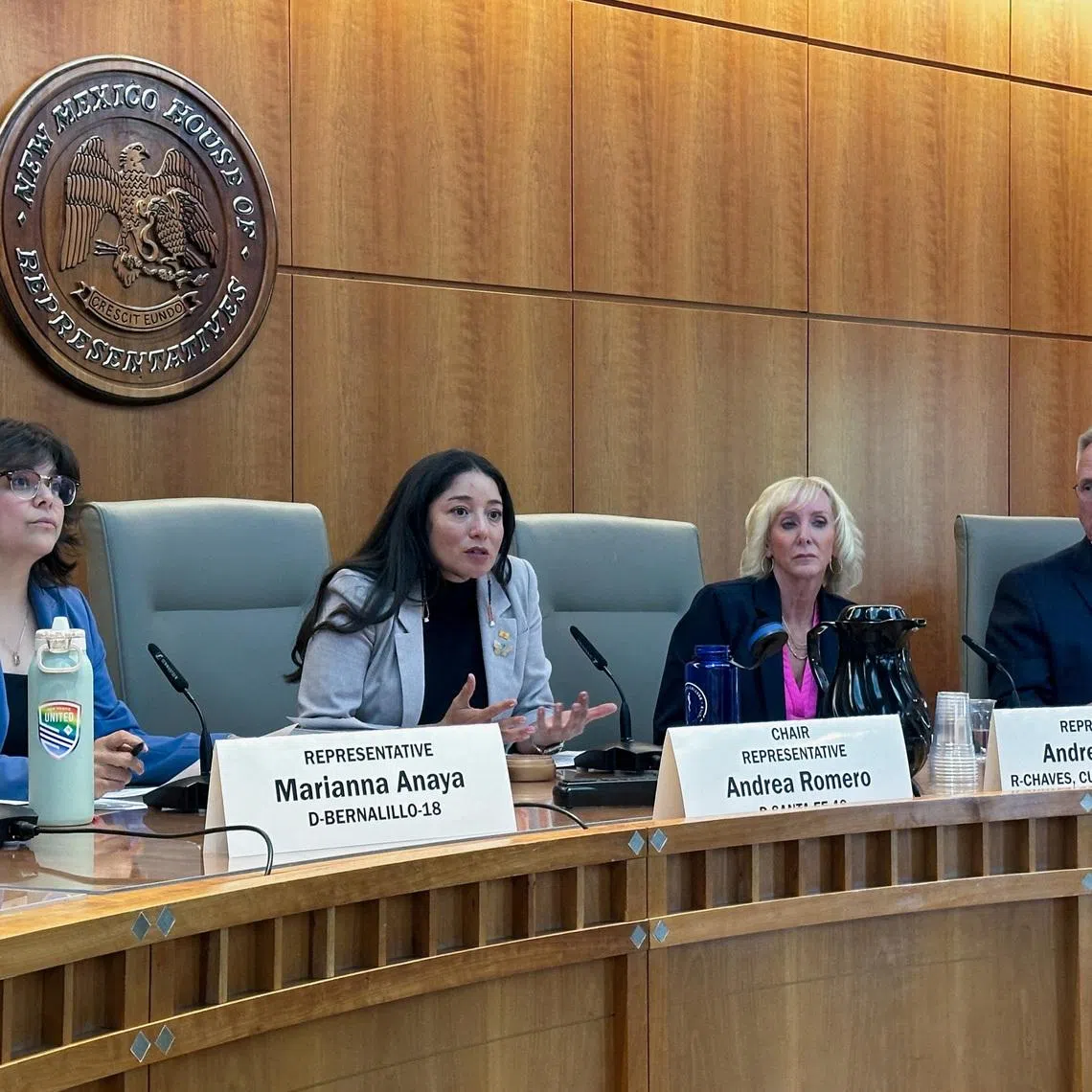 FILE PHOTO: New Mexico Representative Andrea Romero, chair of the Epstein Truth Commission, established by the New Mexico Legislature, answers a reporter's question,at the New Mexico legislature in Santa Fe, New Mexico, June 1, 2026 REUTERS/Andrew Hay/File Photo