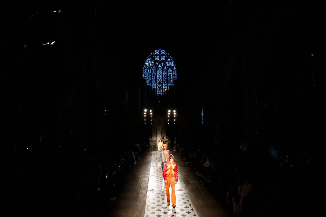 Models present creations during the Bluemarble show as part of the Menswear Ready-to-wear Fall-Winter 2023-2024 fashion week in Paris on Jan 18, 2023. 