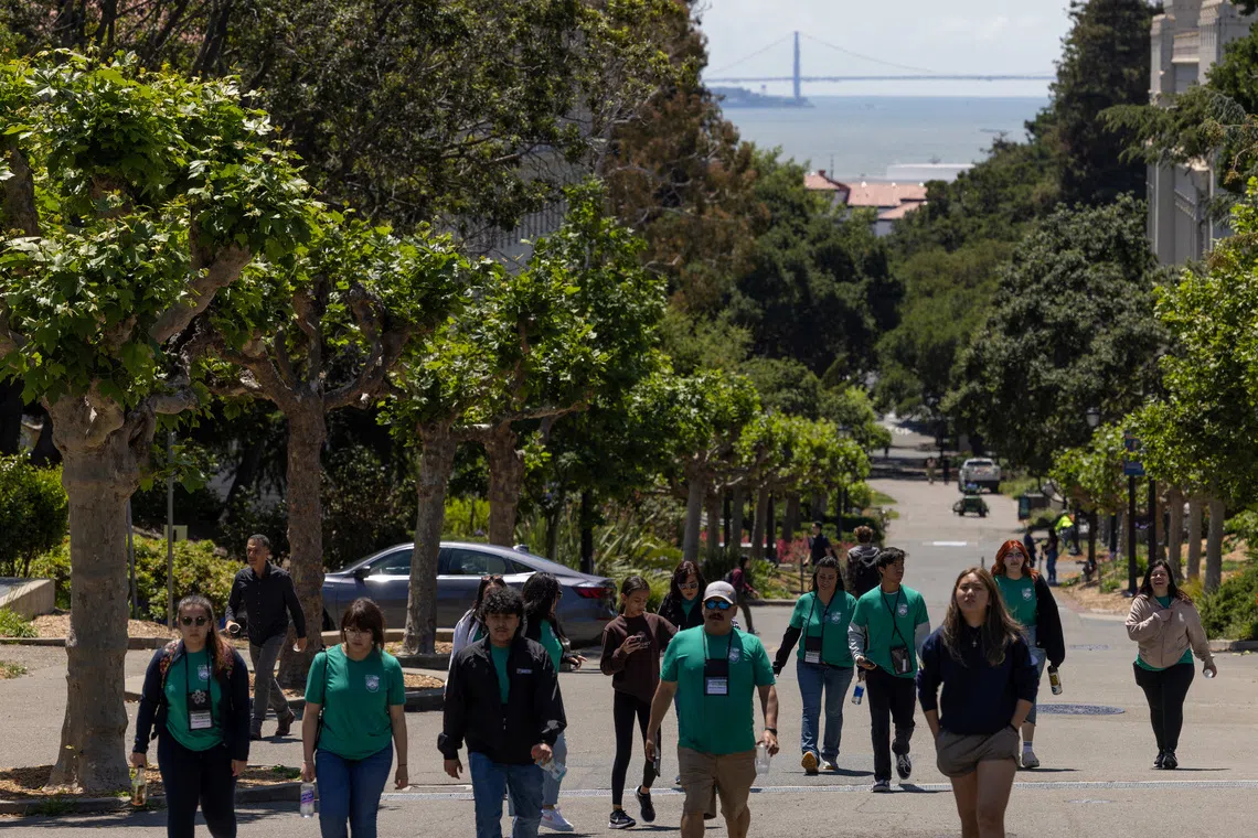 Prospective students touring the University of California, Berkeley campus in 2023.