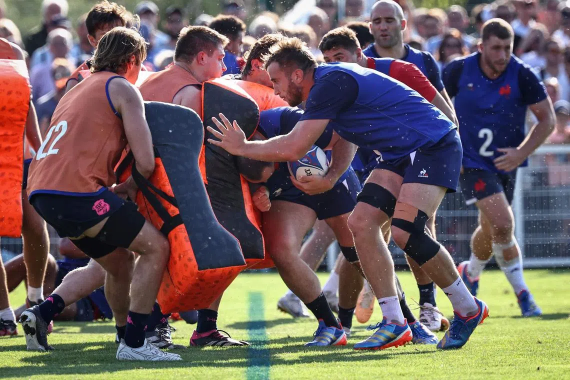 France's Anthony Jelonch, who is expected to captain the side for their Rugby World Cup clash against Uruguay, takes part in a training session.