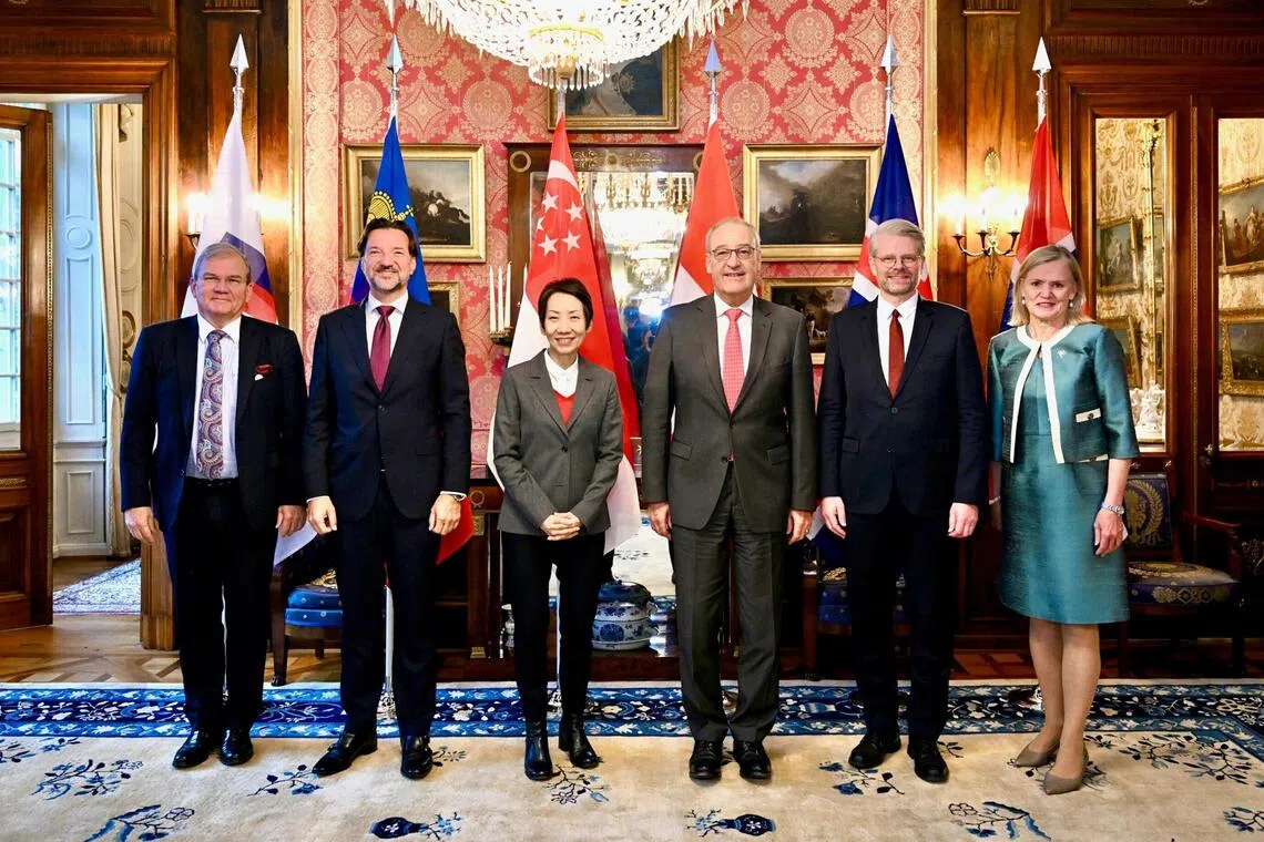 scefta26 -  (from left to right): EFTA Secretary-General Kurt Jäger; Liechtenstein’s Ambassador and Permanent Representative to the UN, WTO, EFTA and other International Organisations in Geneva Frank Büchel; Minister-in-charge of Trade Relations Grace Fu; Swiss Federal Councillor and Head of the Federal Department of Economic Affairs, Education and Research Guy Parmelin; Iceland’s Ambassador and Permanent Representative to EFTA, WTO and other International Organisations in Geneva Einar Gunnarsson; and Norwegian Ambassador to Switzerland Kjersti Rødsmoen

Credit: MTI