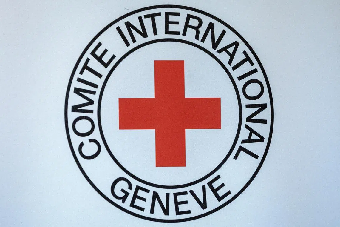FILE PHOTO: Logo of the ICRC is seen during the press conference of Robert Mardini, Director-General of the International Committee of the Red Cross (ICRC) in Geneva, Switzerland, September 11, 2023. REUTERS/Denis Balibouse/File Photo