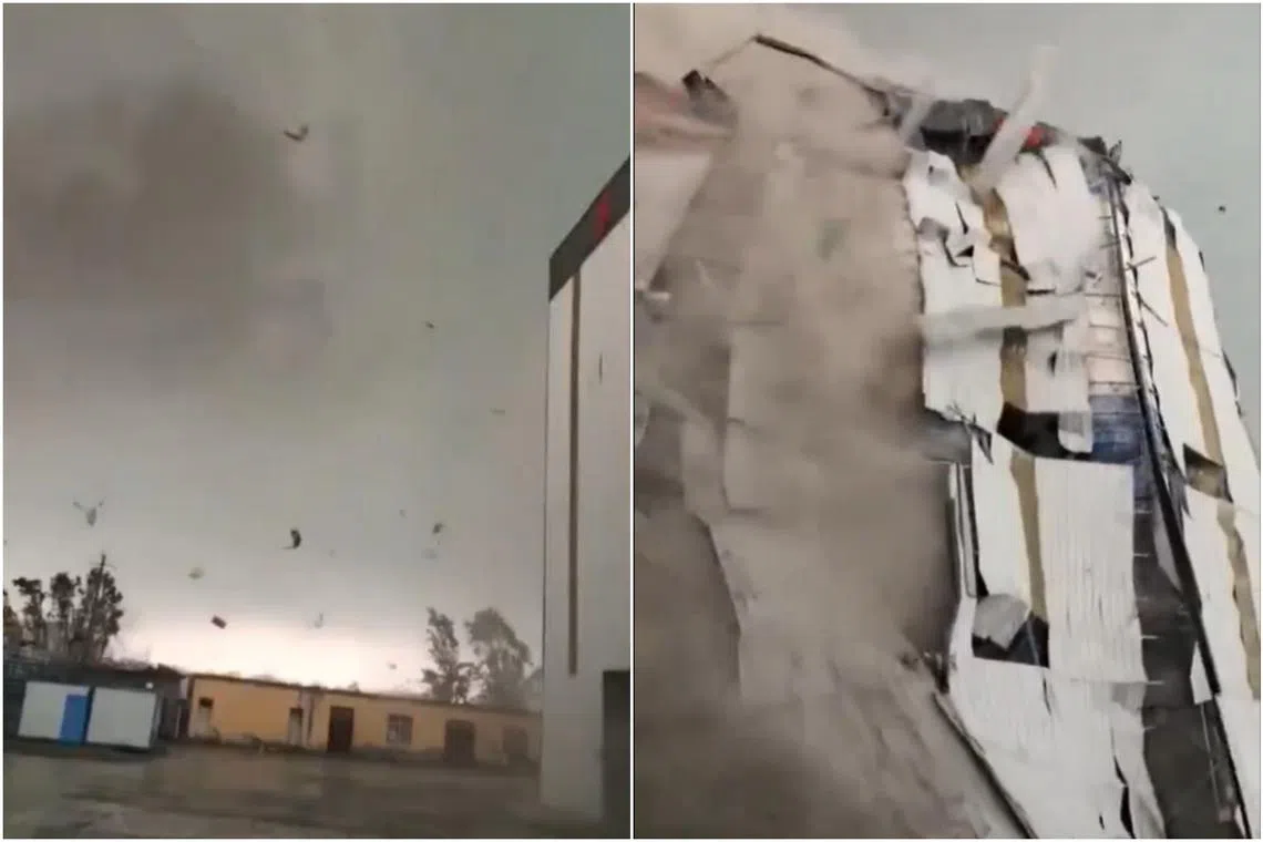Chinese media showed images of a huge grey tornado moving at high speed and carrying debris into the sky. 