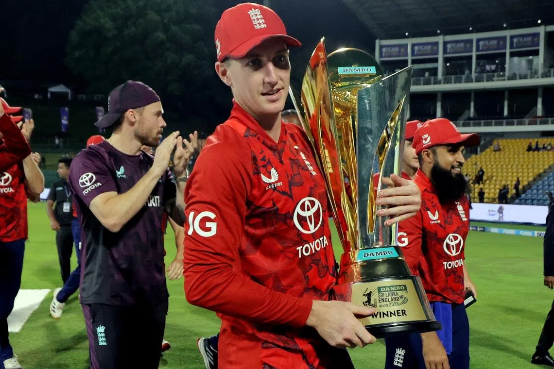 FILE PHOTO: Cricket - Third Twenty20 International - Sri Lanka v England - Pallekele International Cricket Stadium, Kandy, Sri Lanka - February 3, 2026 England's Harry Brook celebrates with the trophy after winning the series REUTERS/Lahiru Harshana/File Photo