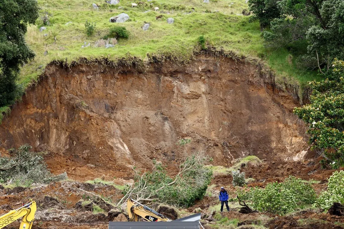 The portion of a cliff that gave way at the scene of a landslide triggered by heavy rains on Jan 23, in Mount Maunganui, New Zealand.