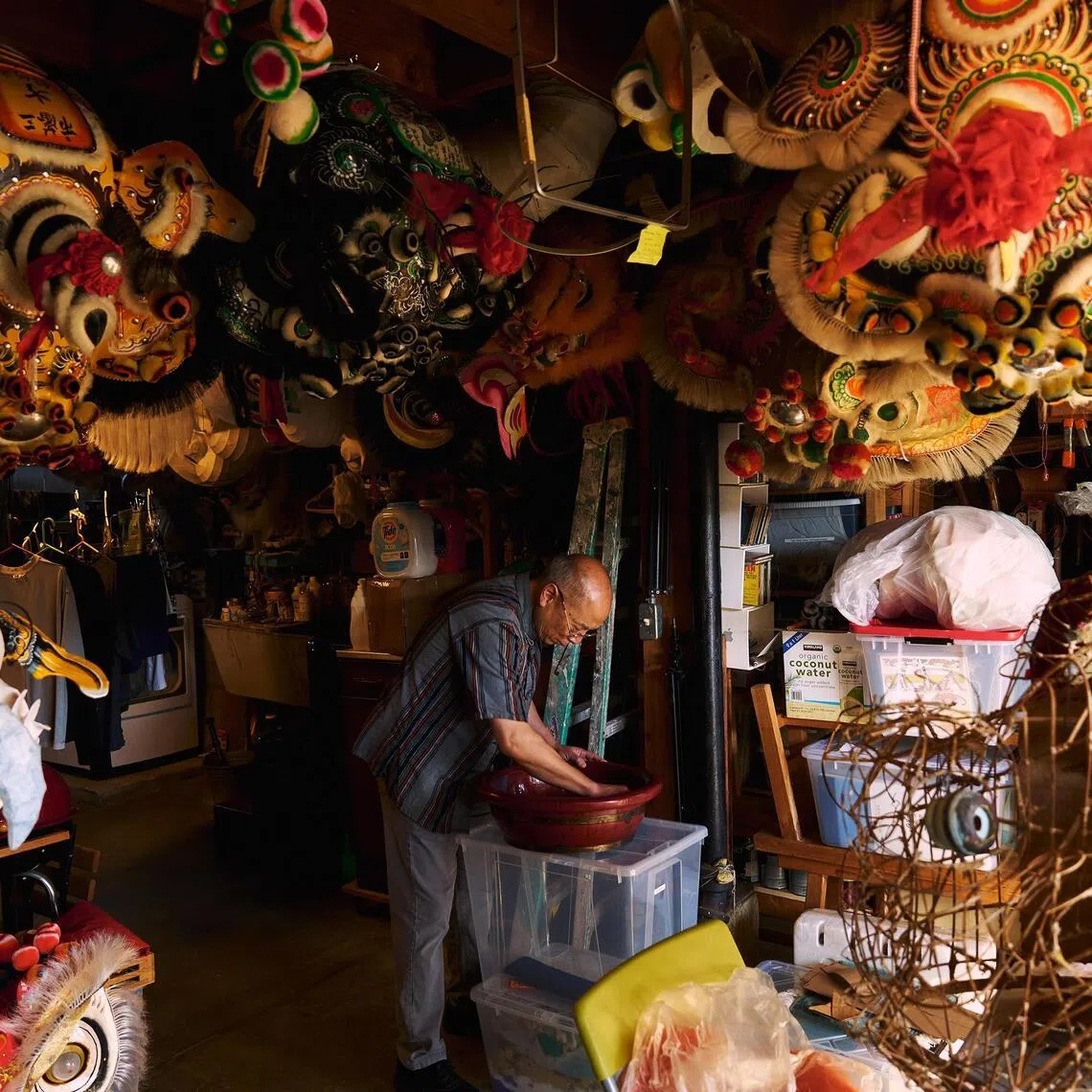 Corey Chan in his garage workshop where he and his team create giant, spectacular lions for the Lunar New Year, in San Francisco, Oct. 17, 2025. ÒYou donÕt do this kind of thing to make a lot of money real fast,Ó Chan said. ÒItÕs art.Ó (Jake Michaels/The New York Times)