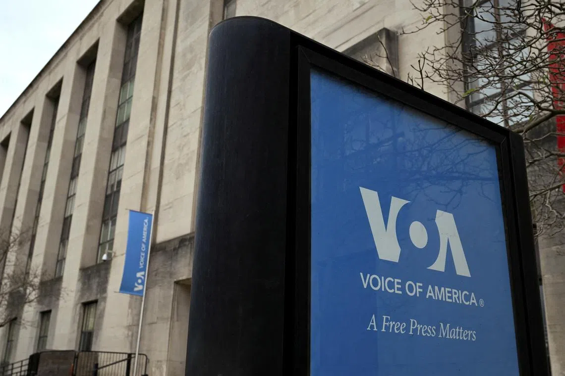 FILE PHOTO: A view of the Voice of America (VOA) building, a day after more than 1,300 of the employees of the media broadcaster, which operates in almost 50 languages, were placed on leave in Washington, D.C., U.S. March 16, 2025. REUTERS/Annabelle Gordon/File Photo