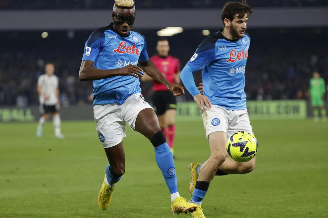 Victor Osimhen (left) scored a double and Khvicha Kvaratskhelia bagged a goal as Napoli thrashed Juventus 5-1 in a Serie A match on Jan 13.