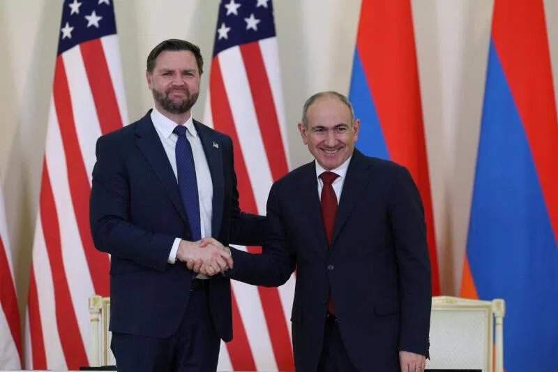 US Vice-President JD Vance and Armenia's Prime Minister Nikol Pashinyan shake hands, as they attend a joint press conference in Yerevan, Armenia.
