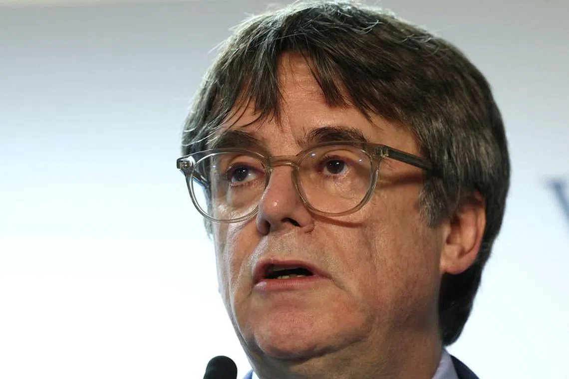 Catalan separatist leader Carles Puigdemont delivers a statement after a deal was signed with Spanish Socialist Workers' Party (PSOE) for Spanish government support, which is expected to include an amnesty law for Catalan separatist activists, in Brussels, Belgium November 9, 2023.  REUTERS/Yves Herman