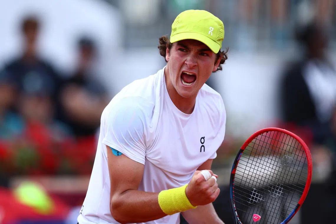 FILE PHOTO: Tennis - Italian Open - Foro Italico, Rome, Italy - May 8, 2025 Brazil's Joao Fonseca reacts during his round of 128 match against Hungary's Fabian Marozsan. REUTERS/Yves Herman/File Photo