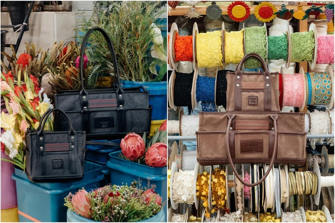 (From left) Beyond The Vines x Toyo Steel Leather Canvas Carryall 0.5 ($70), Leather Canvas Carryall 1.5 ($99), Leather Canvas Carryall 0.5 ($70) and Leather Canvas Carryall 1.5 ($99).