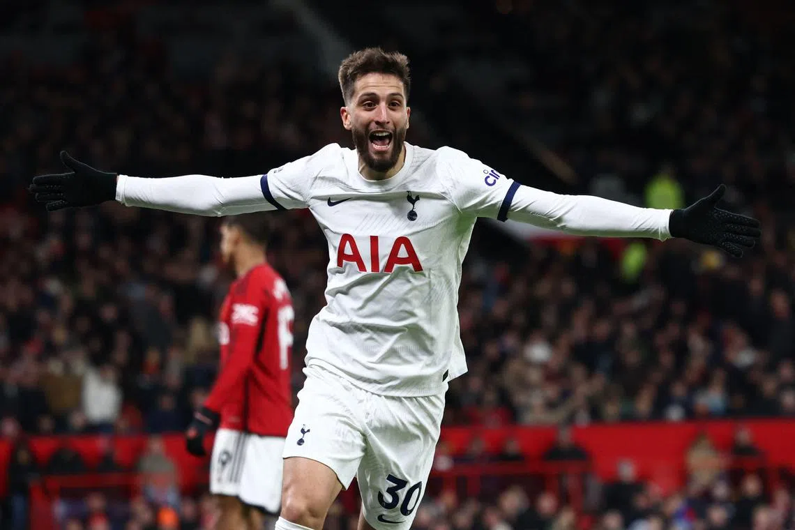 Tottenham Hotspur midfielder Rodrigo Bentancur celebrates after scoring their second goal to level the match.