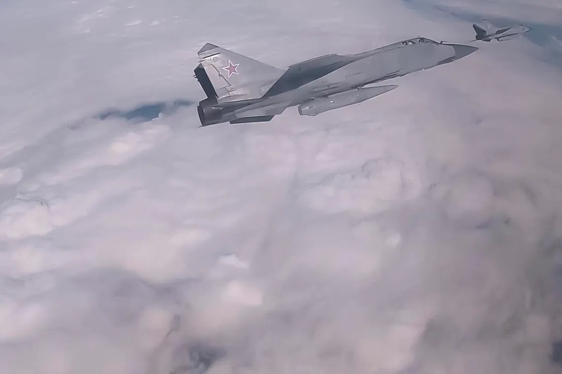 Russian MiG-31 fighter jets taking part in  military drills with Belarus at an undisclosed location in Russia.