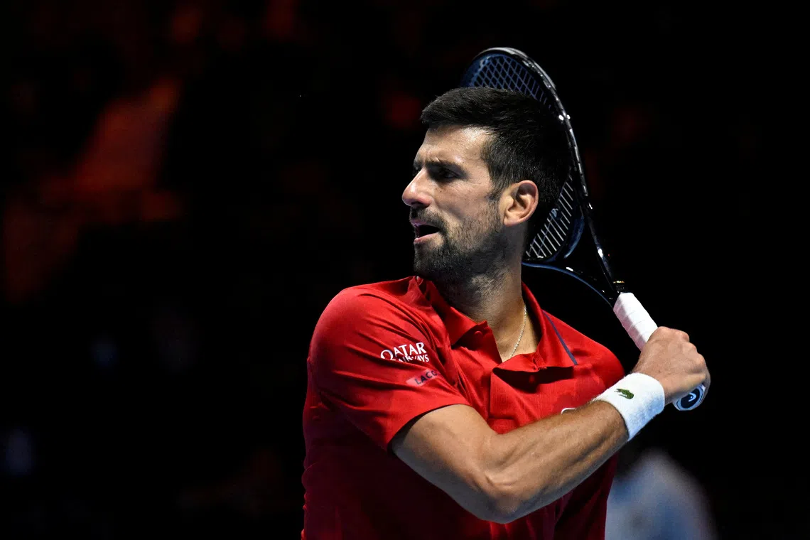 FILE PHOTO: Tennis - Six Kings Slam - ANB Arena, Riyadh, Saudi Arabia - October 18, 2025 Serbia's Novak Djokovic reacts during his third place match against Taylor Fritz of the U.S. REUTERS/Stringer/File Photo