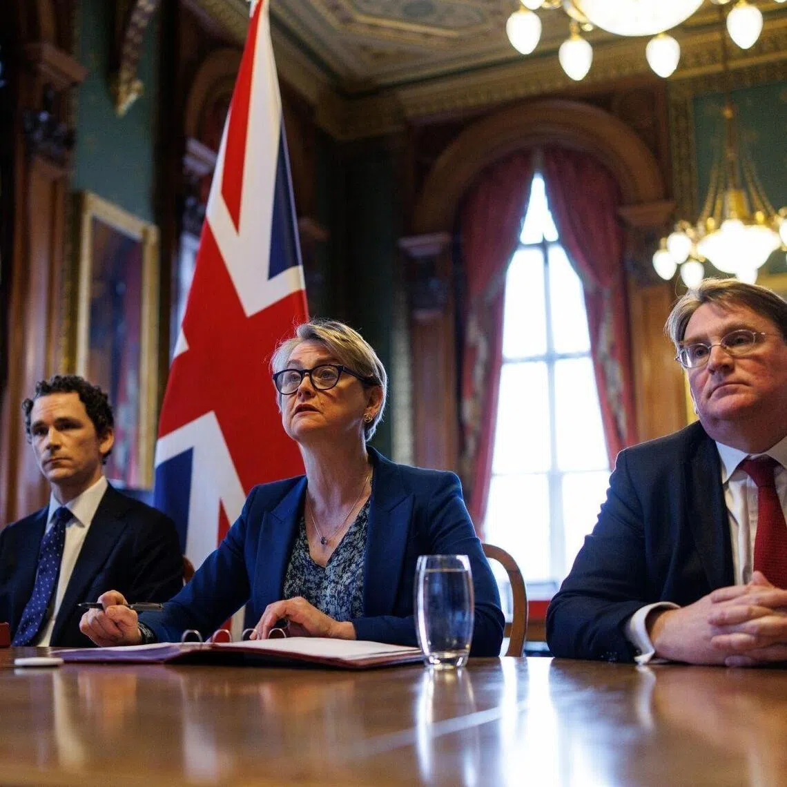 British officials, including Foreign Secretary Yvette Cooper (second from right), holding a virtual meeting on April 2 with  counterparts from some 40 countries on ways to free up navigation in the Strait of Hormuz.