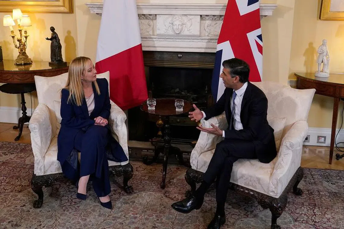 FILE PHOTO: Britain's Prime Minister Rishi Sunak and Italian Prime Minister Giorgia Meloni meet for bilateral talks at 10 Downing Street in London, Thursday, April 27, 2023. Alberto Pezzali/Pool via REUTERS