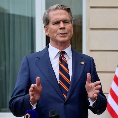 US Treasury Secretary Scott Bessent and US Trade Representative Jamieson Greer addressing journalists at the OECD Headquarters in Paris on March 16.
