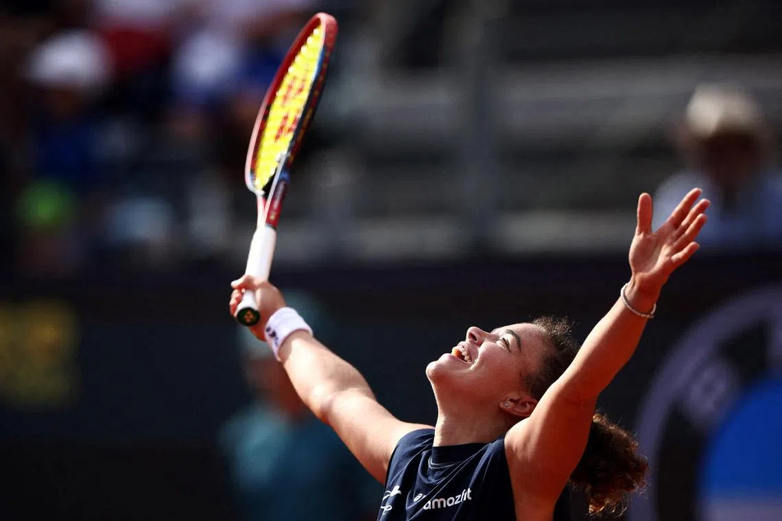 Italy's Jasmine Paolini celebrating after winning her Italian Open semi-final match against Peyton Stearns of the United States 7-5, 6-1 on May 15 at Foro Italico in Rome.