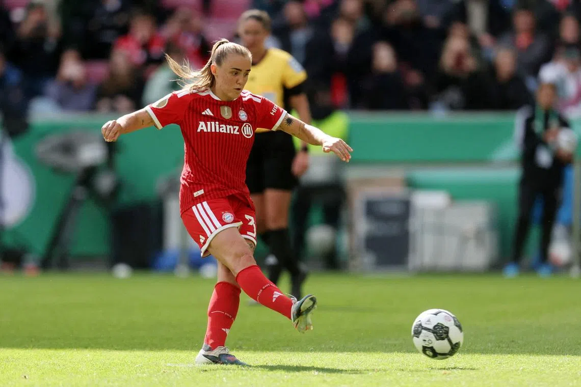 Soccer Football - DFB Cup - Women's Final - VfL Wolfsburg v Bayern Munich - RheinEnergieStadion, Cologne, Germany - May 14, 2026 Bayern Munich's Georgia Stanway scores their first goal from the penalty spot REUTERS/Leon Kuegeler