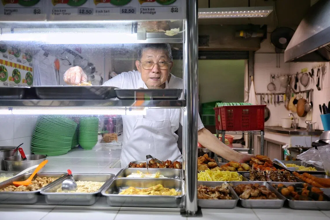 Mr Chua Moi Heng, 75, who has been running his chinese rice stall for more than 12 years, at West View Primary School on Oct 31, 2025.