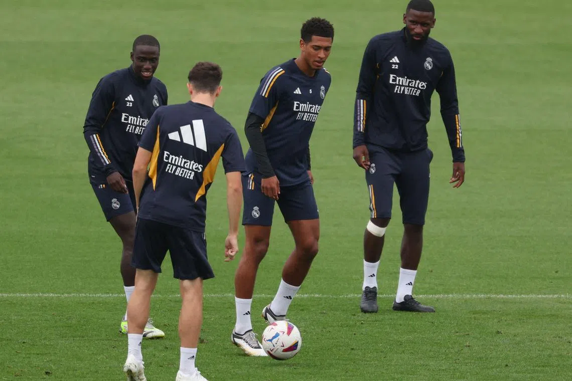 Real Madrid midfielder Jude Bellingham (with ball) during a training session. The England international is set for his Champions League debut with the Spanish giants when they take on German side Union Berlin.