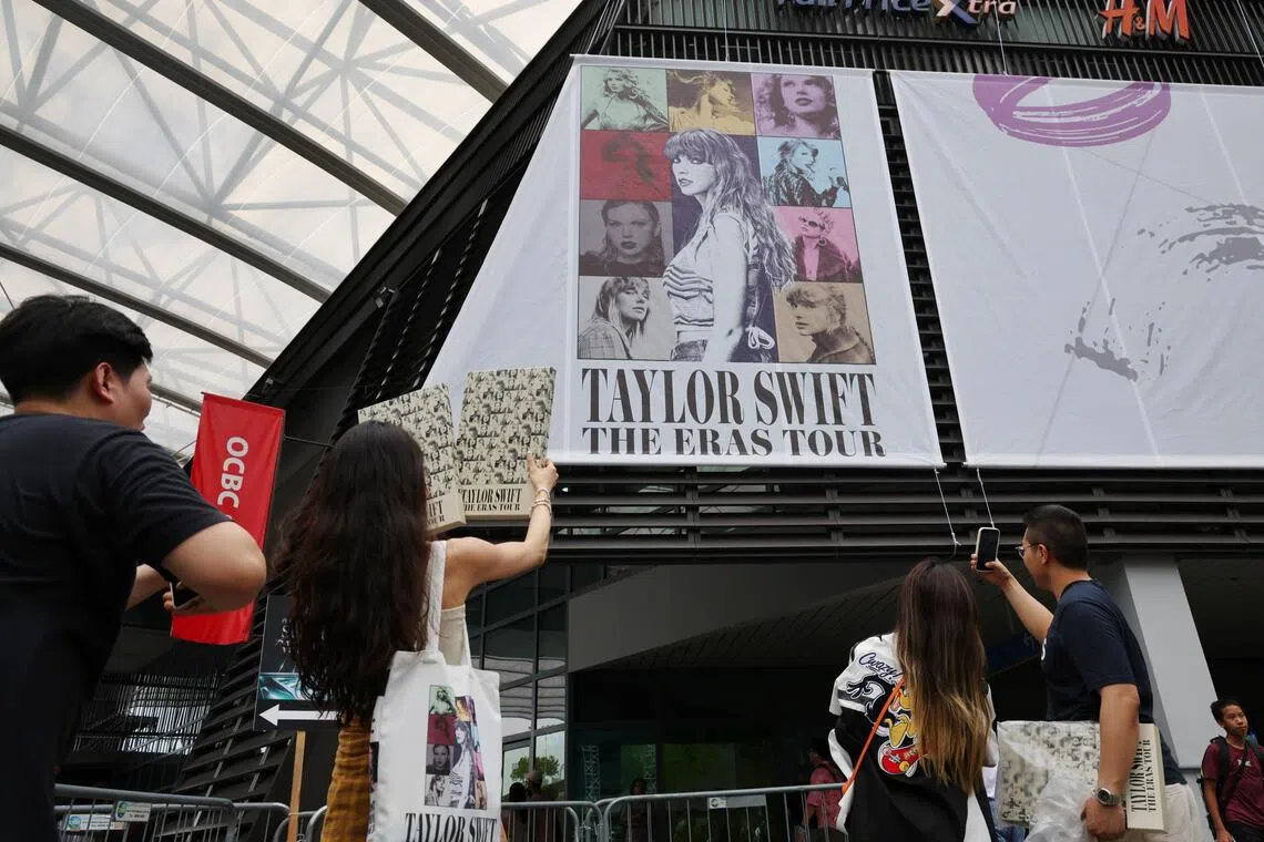 Fans of American singer Taylor Swift gather outside Kallang Wave Mall on March 2, 2024.