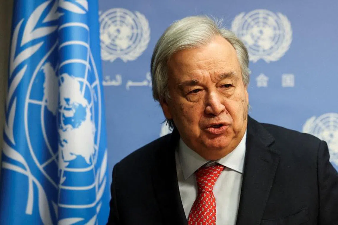 FILE PHOTO: United Nations Secretary-General Antonio Guterres speaks at the United Nations prior to a meeting about the ongoing conflict in Gaza, at the United Nations Headquarters in New York City, U.S., November 6, 2023.  REUTERS/Caitlin Ochs/File Photo