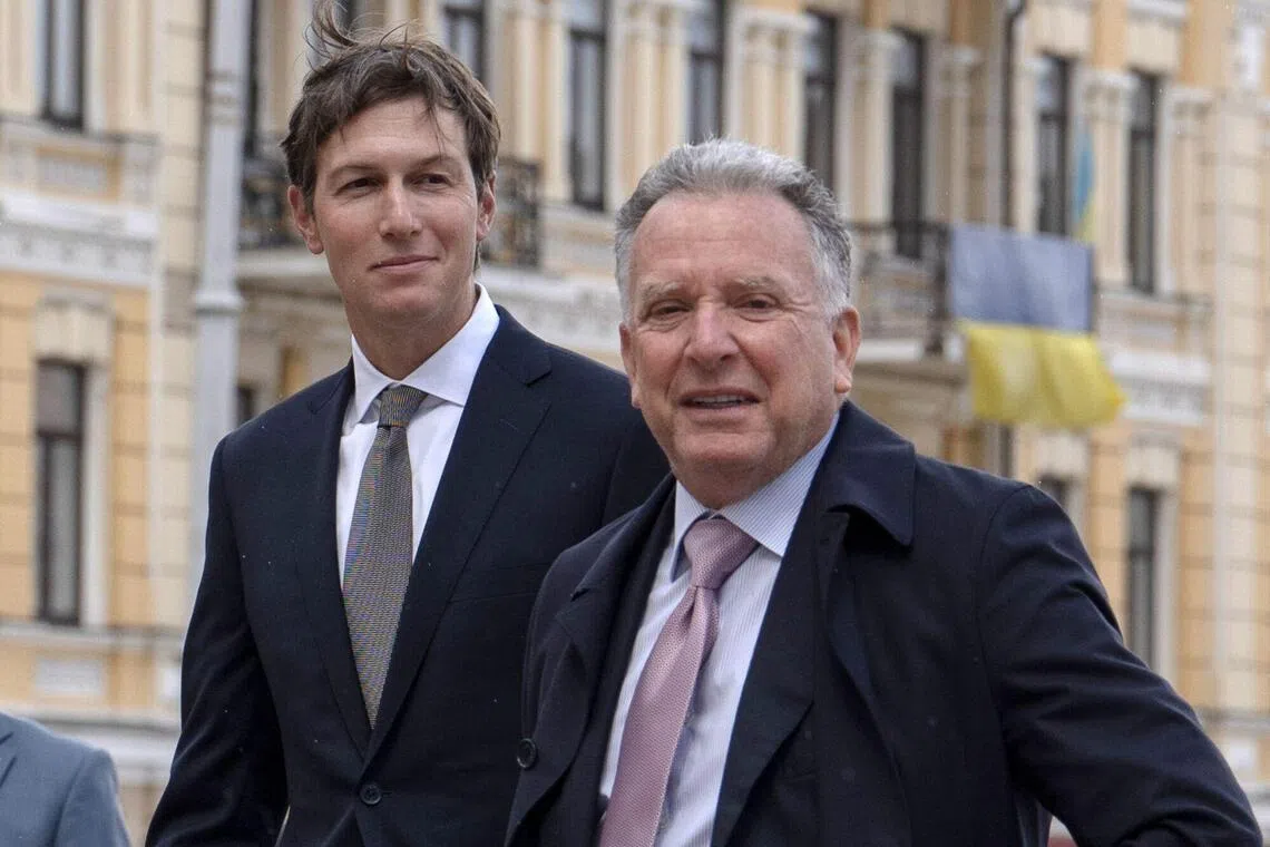 US peace envoys Steve Witkoff (right) and Jared Kushner arrive for meetings in Kyiv, Ukraine, on Aug 6.