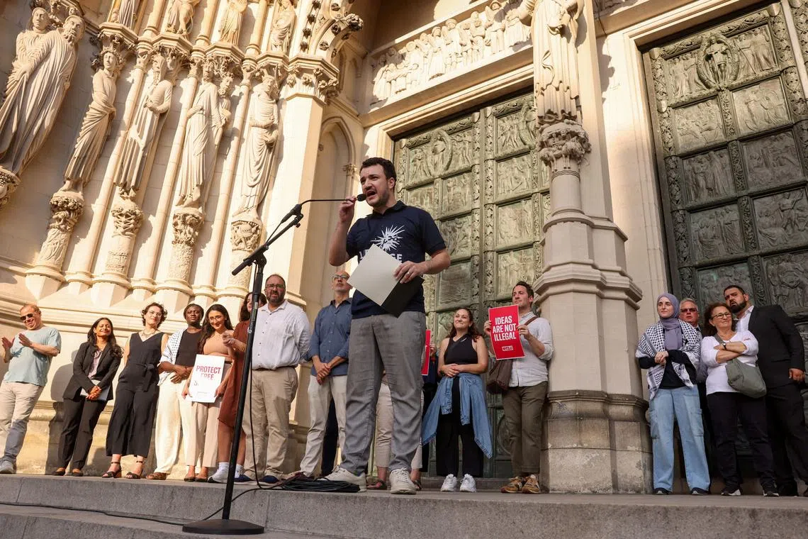 FILE PHOTO: Columbia University graduate student Mahmoud Khalil speaks at a rally to welcome him home after being released from immigration custody, outside the Cathedral of St. John the Divine in New York City, U.S., June 22, 2025. REUTERS/Caitlin Ochs/File Photo