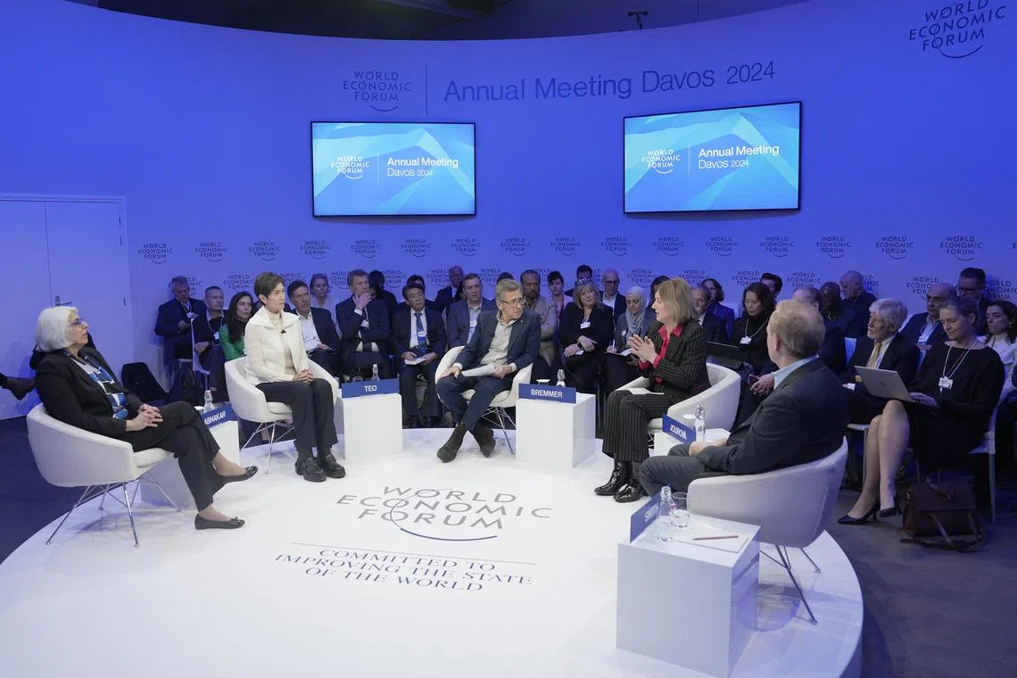 Ian Bremmer, President, Eurasia Group, USA, Vera Jourová, Vice-President for Values and Transparency, European Commission, Brussels, Arati Prabhakar, Director, White House Office of Science and Technology Policy, USA, Brad Smith, Vice-Chair and President, Microsoft, USA, Josephine Teo, Minister for Communications and Information of Singapore speaking during the 360° on AI Regulations Session at the World Economic Forum Annual Meeting 2024 in Davos-Klosters, Switzerland, 17 January.