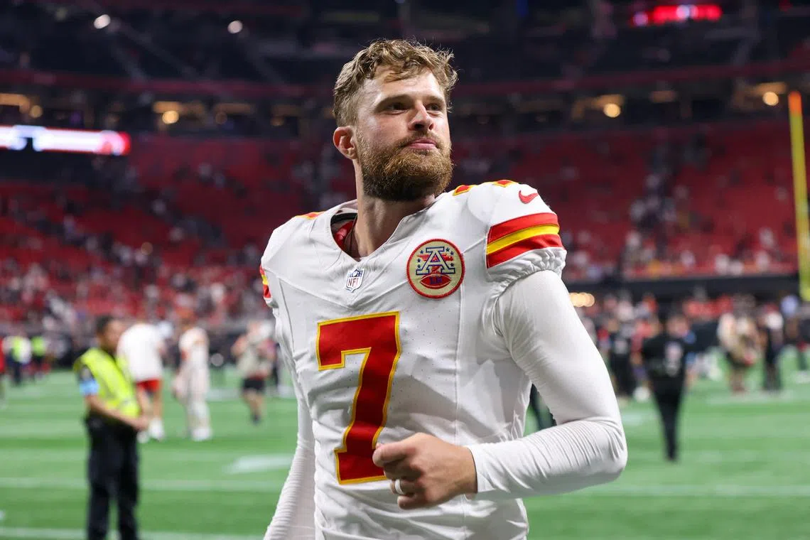 Sep 22, 2024; Atlanta, Georgia, USA; Kansas City Chiefs place kicker Harrison Butker (7) runs off the field after a victory over the Atlanta Falcons at Mercedes-Benz Stadium. Mandatory Credit: Brett Davis-Imagn Images/File Photo