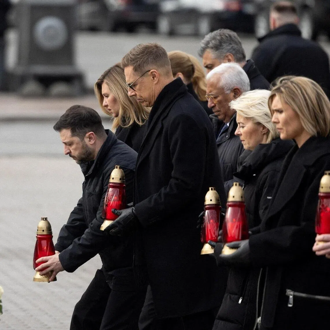 European leaders marking four years of Russia's war in Ukraine on Feb 24, with Ukrainian President Volodymyr Zelensky (left) and his wife Olena (second from left).