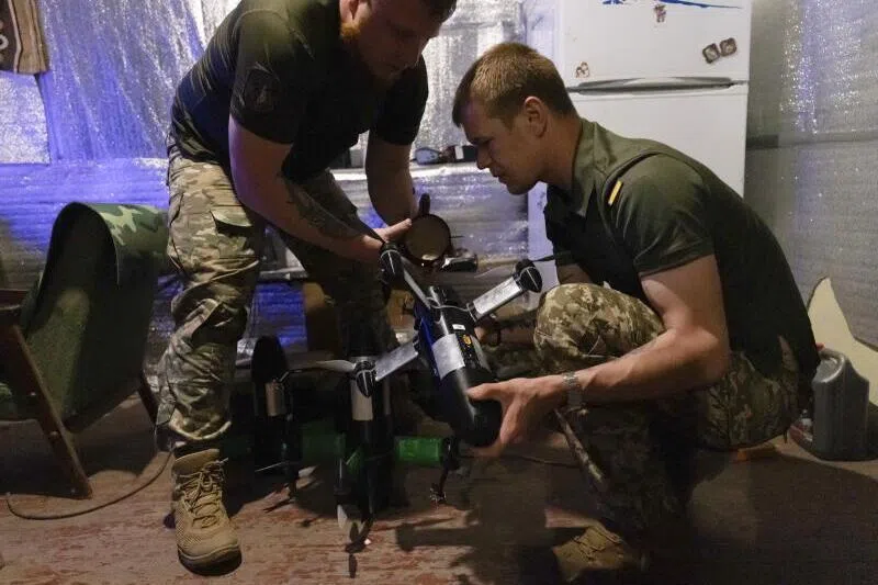 Ukrainian servicemen operating a Ukraine-made P1-Sun drone to intercept Russian 'Shahed' type, and other strike or reconnaissance drones in the north of the Kharkiv region, Ukraine.