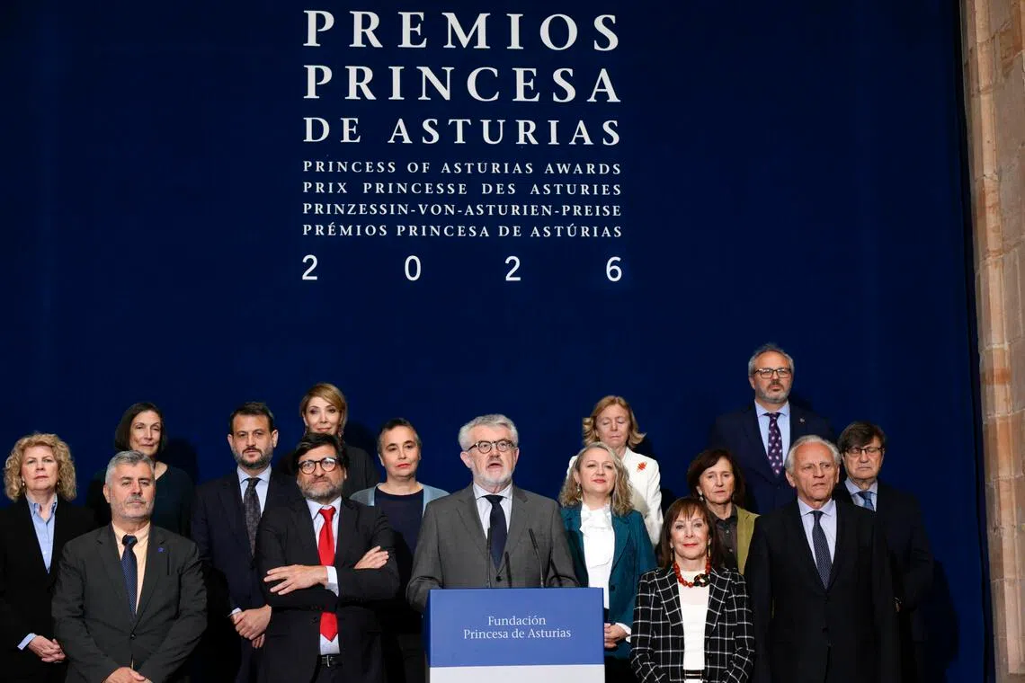 Mr Miguel Falomir (centre), president of the Princess of Asturias Award for Communication and Humanities' panel,  announces that Studio Ghibli is awarded the 2026 Princess of Asturias Award for Communication and Humanities on May 6.