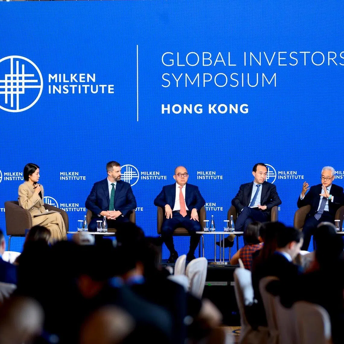 mfmilken - The opening panel discussion at think tank Milken Institute’s annual Global Investors’ Symposium at Four Seasons Hotel in Central, Hong Kong, on March 23, 2026. (From left) Ms Chery Kang, Correspondent and Anchor, "Squawk Box Asia," CNBC International; Mr Aaron Costello, Head, Asia, Cambridge Associates; Mr Christopher Ganis, Chief Investment Officer, Indonesia Investment Authority; Mr Kevin Lu, Chairman, Asia, Partners Group; and Mr Hoi Tung, CEO and Chairman, Ping An Overseas Holdings.
Credit: Photo handout from Milken Institute