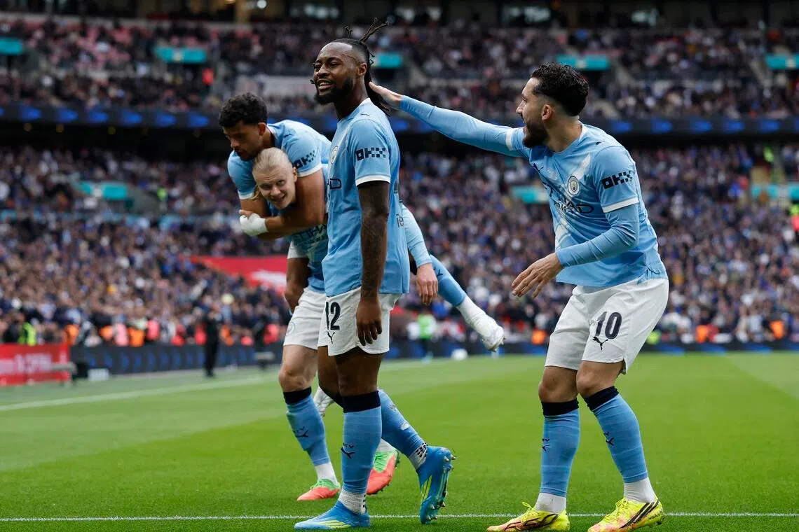 Manchester City's Antoine Semenyo celebrates scoring against Chelsea in the FA Cup final.