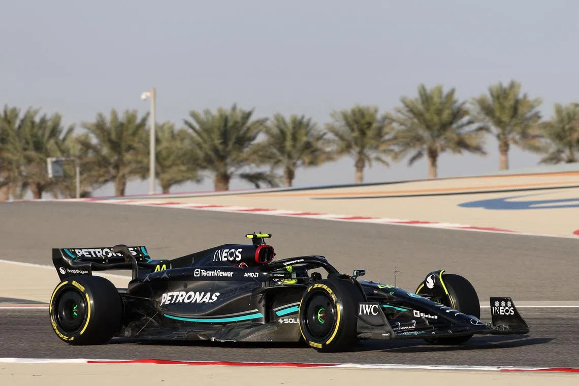 Mercedes driver Lewis Hamilton drives during the third day of Formula One pre-season testing at the Bahrain International Circuit in Sakhir, on Feb 25, 2023.