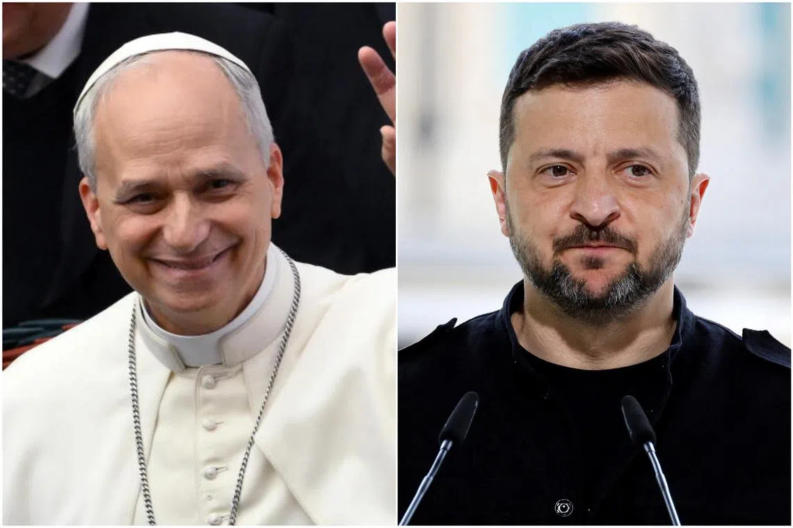 Pope Leo and Ukrainian President Volodymyr Zelensky (right) spoke about efforts to negotiate an end to the Ukraine war.